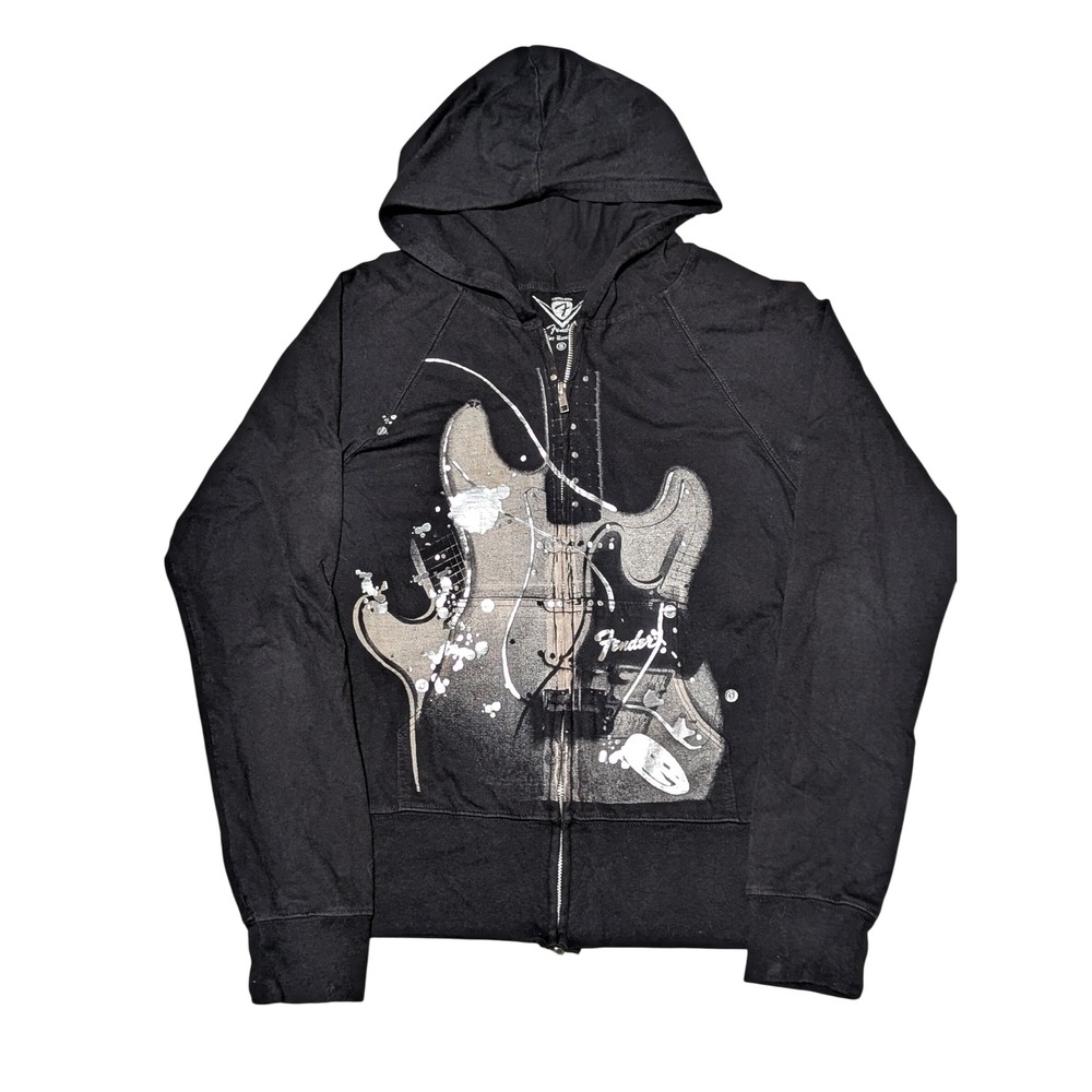 Fender Hoodie Women Small Black Guitar Graphic Zip Up Rock Grunge Metallic Splat